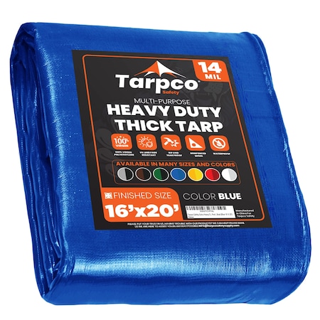 Tarpco Safety Heavy Duty Tarp, 20 ft L x 0.5 mm H x 16 ft W, 14 Mil, Blue, Polyethylene TS-105-16X20